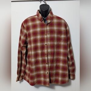 Men's Orvis Flannel Shirt Button Up Long Sleeve Plaid Red Tan Cotton Size Large